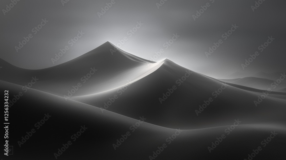 Poster black and white photograph of a mountain range. the mountains are arranged in a wave-like pattern, c