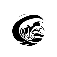A Circular Composition Featuring a Seashell in Black and White Surrounded by Waves, Representing the Ocean's Power and Beauty.