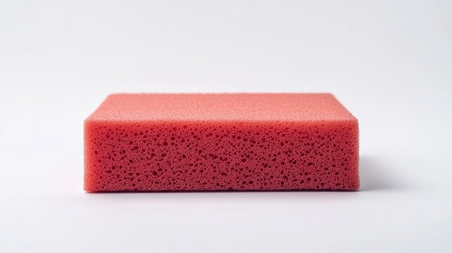A red foam sponge for washing dishes closeup on a white background - Powered by Adobe