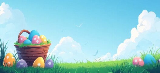 Illustration of an Easter background with grass, a blue sky, and a basket full of colorful eggs. Easter day concept. Cartoon-style vector illustrations for a web banner or presentation design.