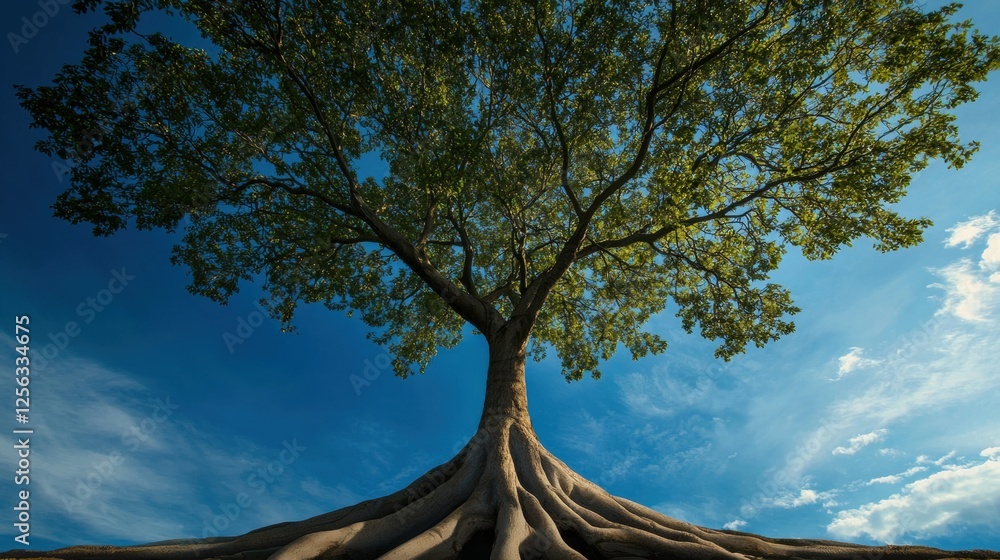 Aufkleber photograph of a large tree with a unique trunk and branches. the tree is standing on a hill with a c