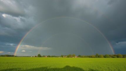 Fototapeta premium Majestic Rainbow Arching Over Lush Green Rice Fields Under Clouds