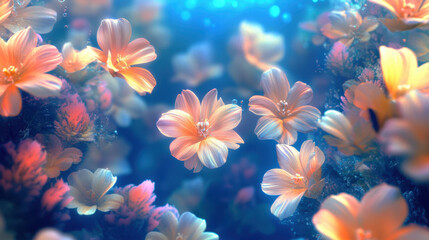 Beautiful Pastel Flowers Floating Gently in Serene Blue Water During Calm Afternoon Light