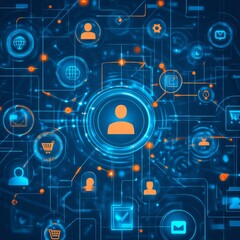 Obraz premium Digital network with icons and nodes in blue and orange