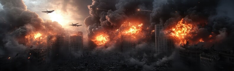 Obraz premium Fighter jets in action over war-torn cityscape