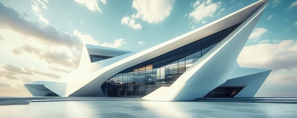 Fototapeta premium Futuristic white architectural structure with glass facade under blue sky