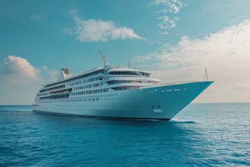 Large white cruise ship sailing on a calm blue sea under a cloudy sky, offering a luxurious travel experience