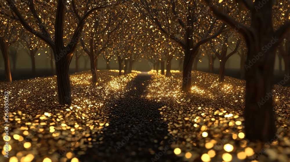 Aufkleber pathway through a forest at night. the trees on either side of the pathway are tall and slender, wit