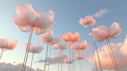 Group of pink tulips floating in the sky. the tulips are in full bloom, with their petals spread wide and their stems reaching upwards towards the horizon.