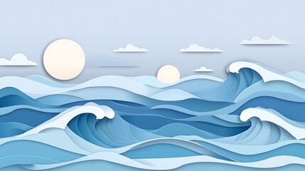 Paper Art Ocean Waves with Sun and Clouds