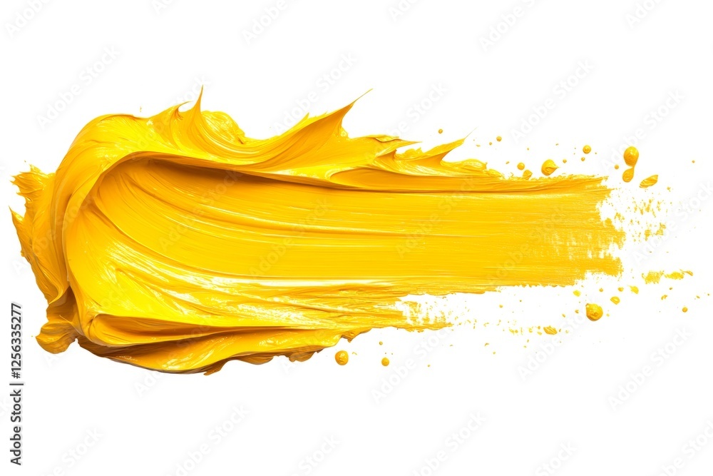 Poster vibrant yellow paint is dynamically smeared on a white background, creating a textured and artistic 