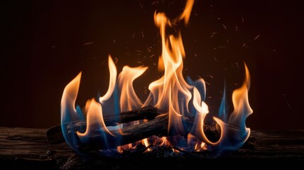 A vibrant flame dances above a stack of burning logs, creating an inviting and warm atmosphere, perfect for a cozy evening indoors or around a campfire.