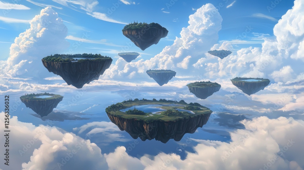 Poster group of floating islands in the sky. the sky is a beautiful blue with white clouds scattered throug