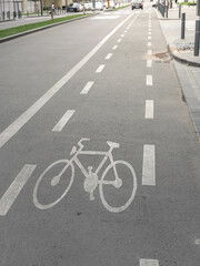 Bike lane is shown on a street with a bike symbol painted on the road