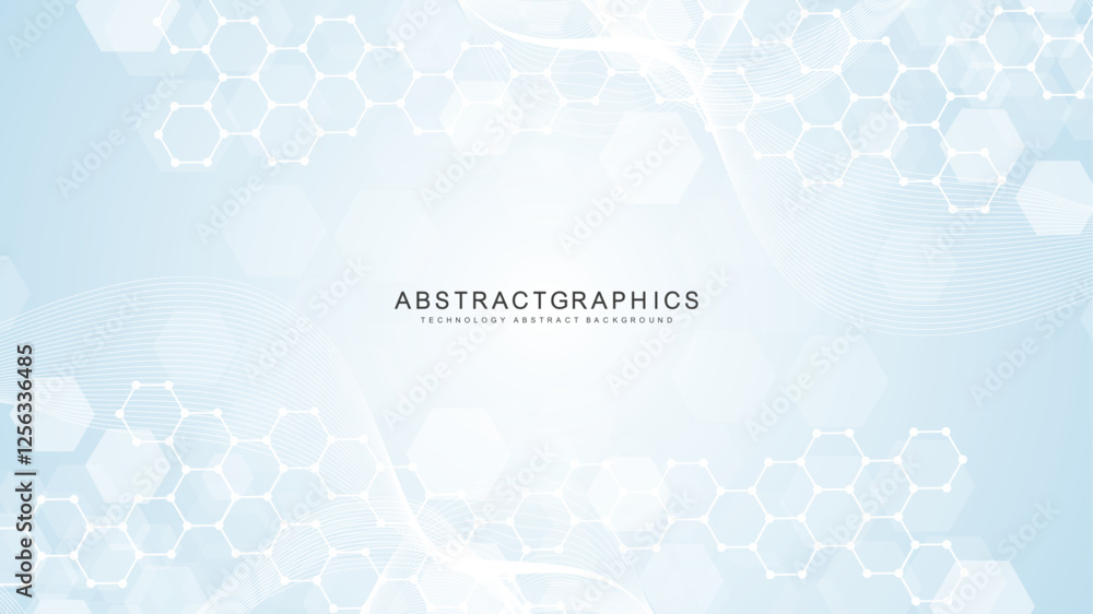 Sticker modern scientific background with hexagons, lines and dots. wave flow abstract background. molecular