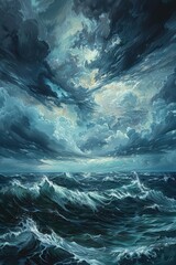 Dramatic Oil Painting of a Turbulent Sea Under a Stormy Sky for Art Prints and Interiors
