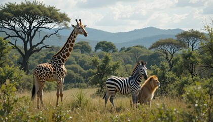 Giraffe, Zebra, and Lion in the Safari - Endangered Species, Exotic Animals, Wildlife Conservation, and Animal Research for Wildlife Protection in Nature-
