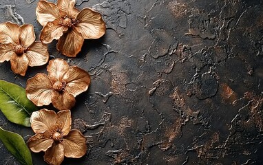 Gold flowers and leaves on dark textured background.