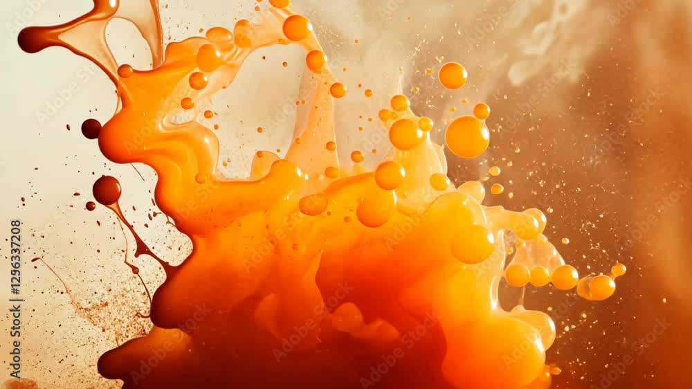 Poster vibrant orange liquid splash creating dynamic patterns against a neutral backdrop