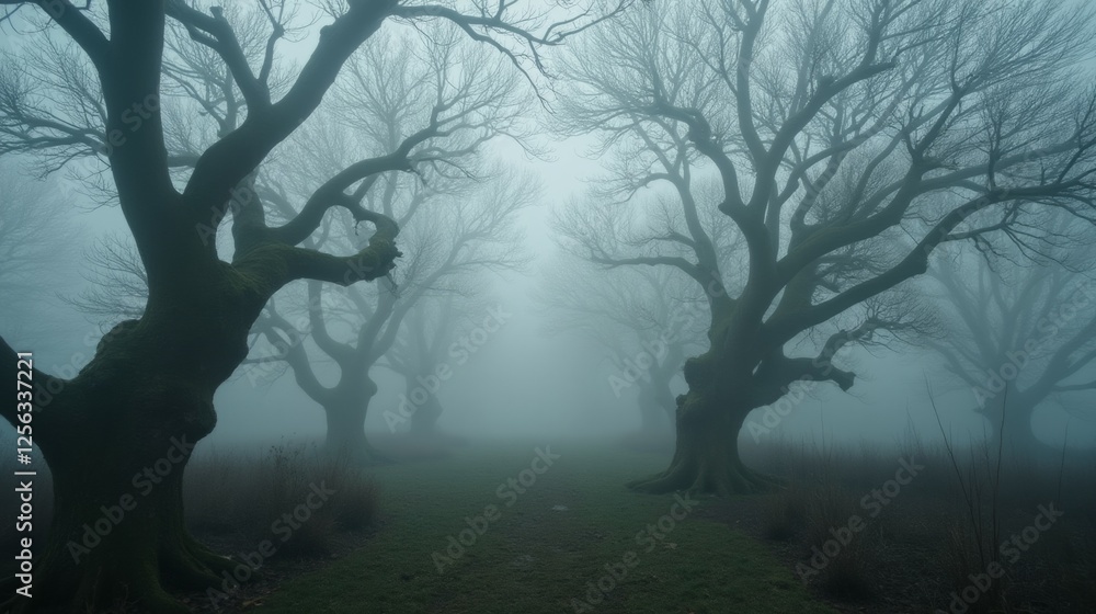 Poster mysterious foggy forest path with twisted trees and dense mist