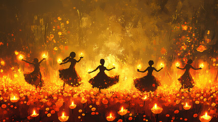 Abstract depiction of spirits dancing through marigold petals, candles lighting their way in a festive day of the dead landscape. Dancing Spirits. Illustration