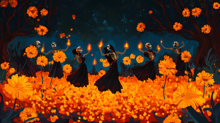 Abstract depiction of spirits dancing through marigold petals, candles lighting their way in a festive day of the dead landscape. Dancing Spirits. Illustration