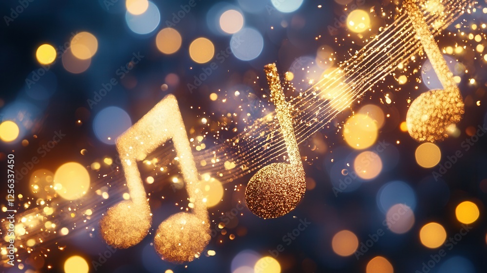 Poster abstract music notes with golden light bokeh artistic expression and creativity background