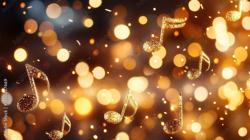 Poster abstract music notes with golden light bokeh artistic expression and creativity background