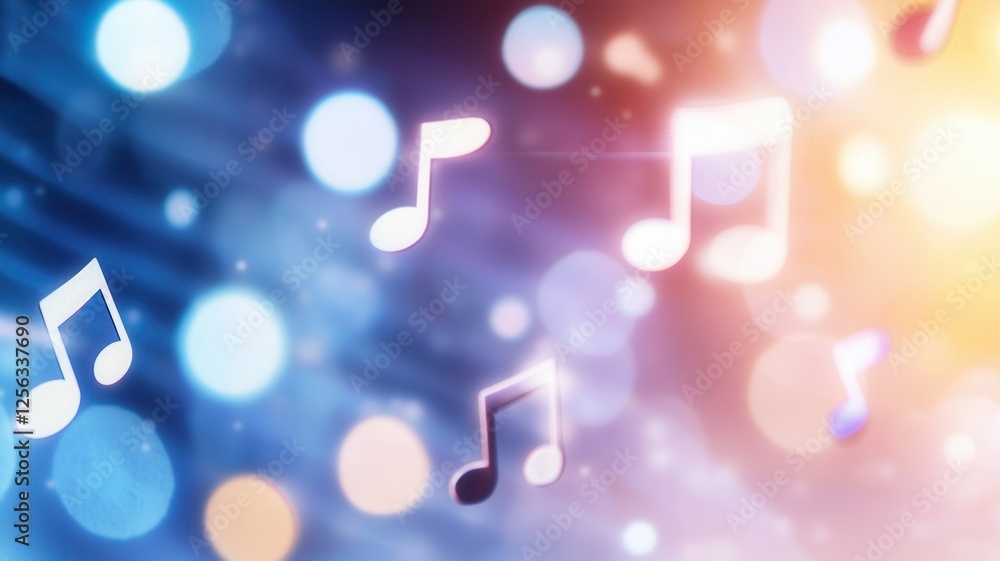 Poster music notes are floating on a colorful bokeh background, creating a vibrant and festive atmosphere p