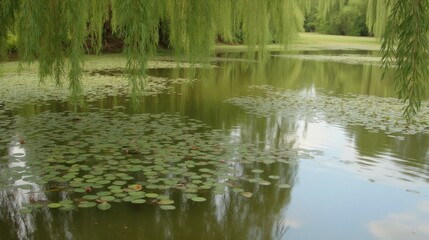 Obraz premium Serene Water Scene with Lily Pads and Weeping Willow Trees