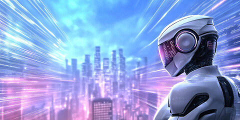 Futuristic robot overlooking a vibrant digital cityscape with streaming data, symbolizing innovation, artificial intelligence, and the integration of technology into urban development and smart cities