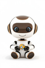Adorable futuristic robot holding a colorful toy ball, symbolizing advanced technology,artificial intelligence,innovation,perfect for marketing,educational materials,child-focused technology campaigns