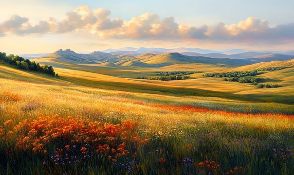 Scenic rolling hills with wildflowers under a blue sky with white fluffy clouds and distant mountains