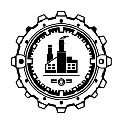 Naklejka premium Industrial cogwheel icon with an illustration of a factory, with an industrial factory surrounded by a gear and a black and white color scheme, perfect for industry-themed designs.