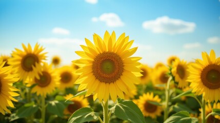 Obraz premium Vibrant Sunflower Field Under Bright Blue Sky and Fluffy Clouds
