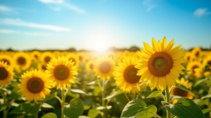 Fototapeta premium Vibrant Sunflowers Blooming in Sunlit Field with Blue Sky