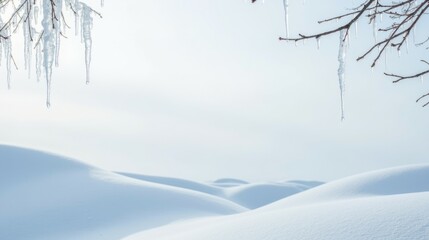 Serene Winter Landscape with Snow-Covered Hills and Icicles