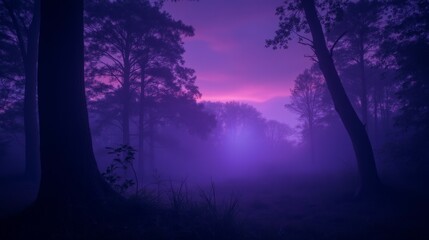 Naklejka premium Serene Foggy Landscape with Purple Sky and Silhouetted Trees