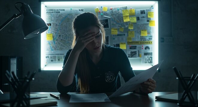 Woman detective analyzing evidence board at night. Police officer investigating crime scene. Forensic analysis and case solving in dark office with illuminated board