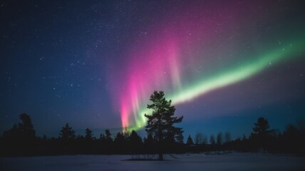 A stunning display of the aurora borealis lights up the night sky, creating vibrant shades of purple and green above a silhouetted tree.
