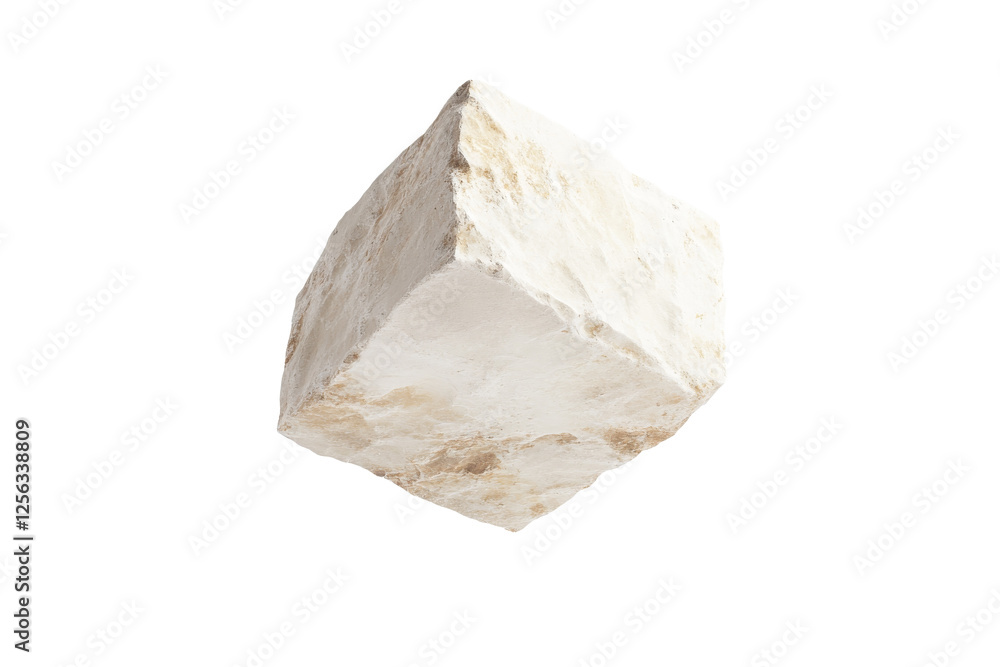 Poster render of a white marble block with rough edges suspended in a bright environment