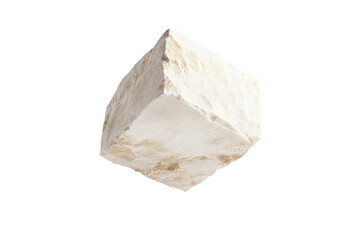 Render of a white marble block with rough edges suspended in a bright environment