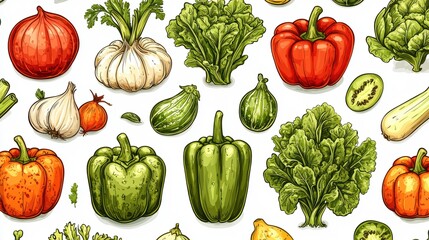 A colorful assortment of vegetables and greens on a white background.