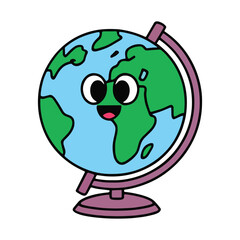 Cute globe model vector illustration. Cartoon style globe with a simple stand, featuring bright colors and a friendly design. Perfect for educational materials, icons, and travel themed graphics.