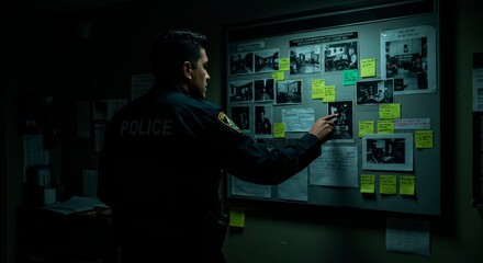 Police officer examining evidence board in dark room. Detective analyzing clues for criminal investigation. Law enforcement solving case at night