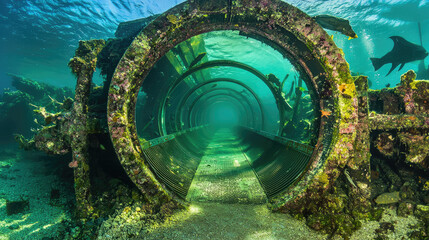 Underwater view of a sunken circular structure surrounded by marine life and coral growth