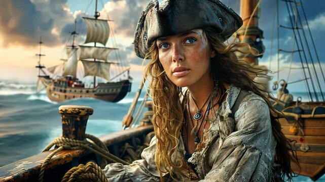 Pirate adventure at sea: a lone pirate stands on the deck of old ship, dressed in traditional 17th-century garb, ready for a thrilling journey under a bright sunset, surrounded by wind and saltwater.