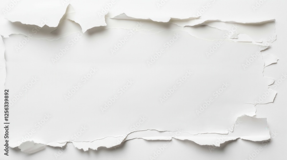 Poster white paper torn creating rectangular border, revealing clean minimalist frame with negative space f