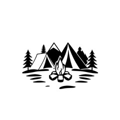 Black and white camping scene featuring tents, mountains, and a bonfire.