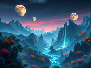 Fototapeta premium A vibrant alien planet with glowing forests, towering crystalline mountains, and rivers of liquid light under a sky with three moons.